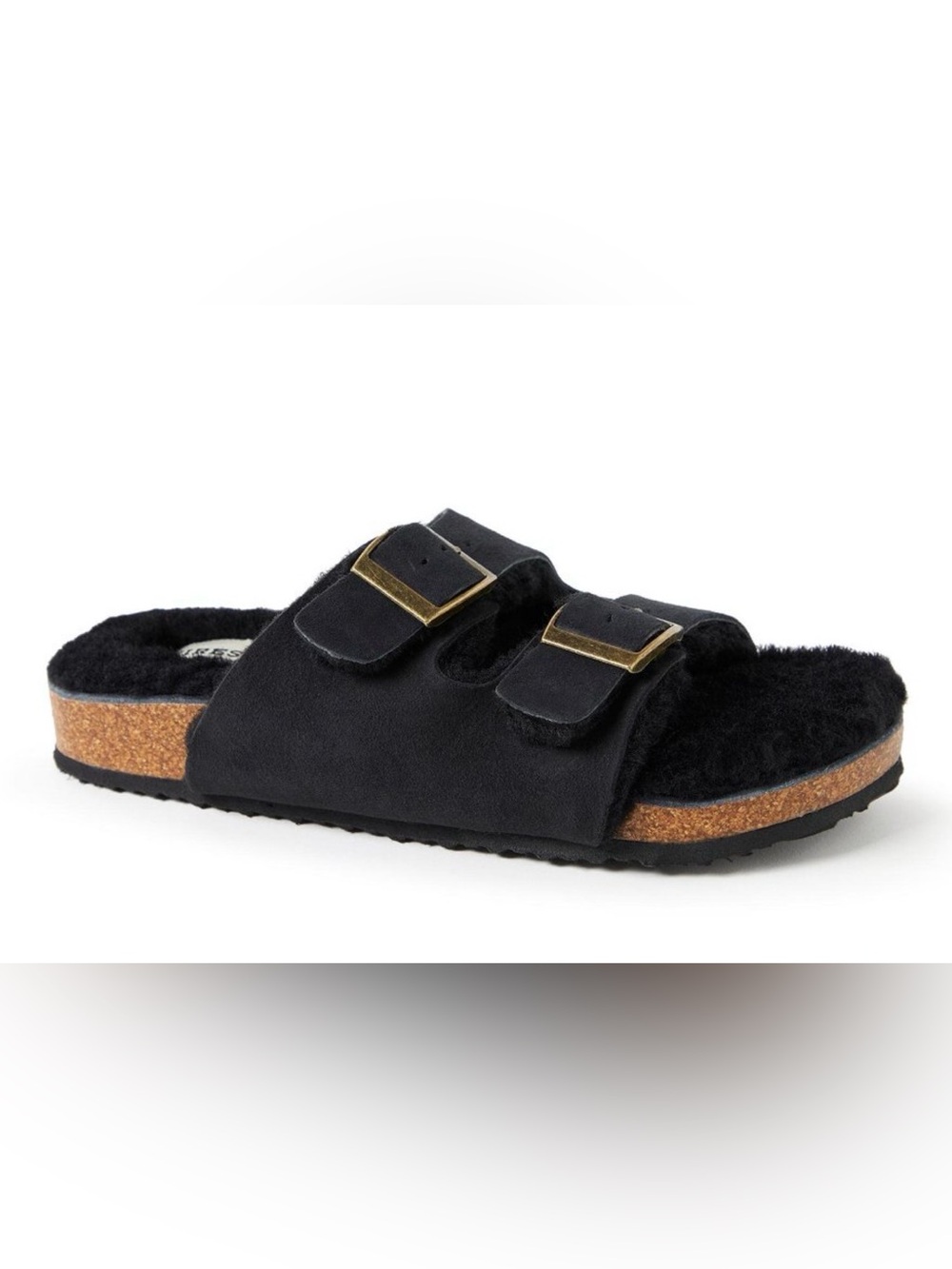 Fireside Dearfoam Tamworth Double  Band Genuine Shearling Sandal Black Sz 9 NWT
